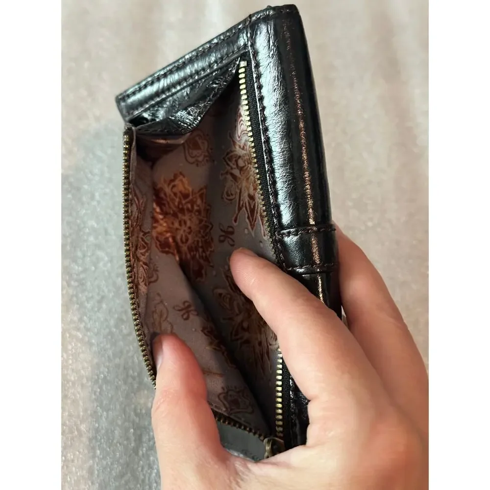 EUC Hobo International Black Leather Trifold Wallet Organizer Brass Hardware